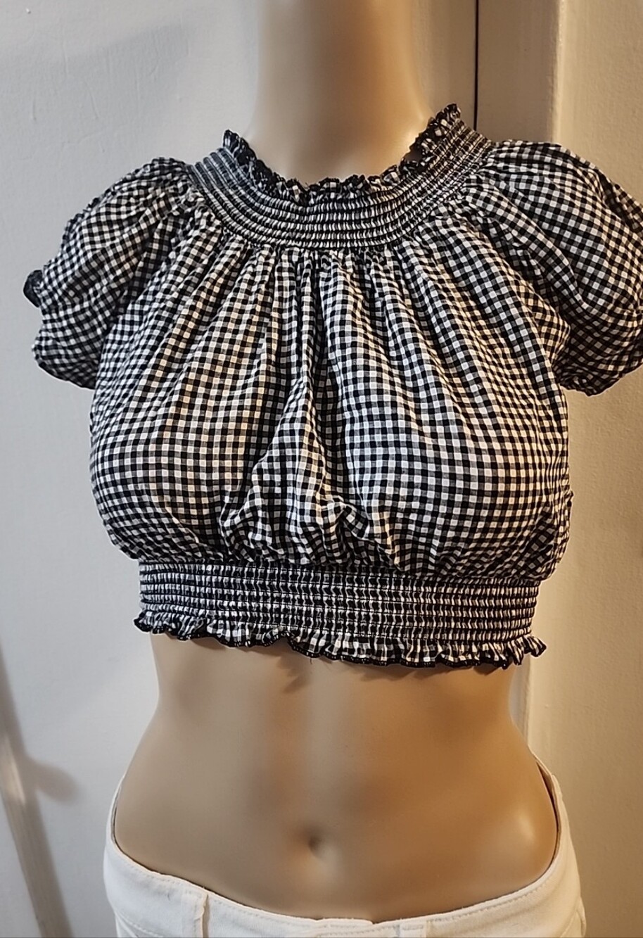 Black & White Gingham Cropped Peasant Boho Blouse Top  Size S